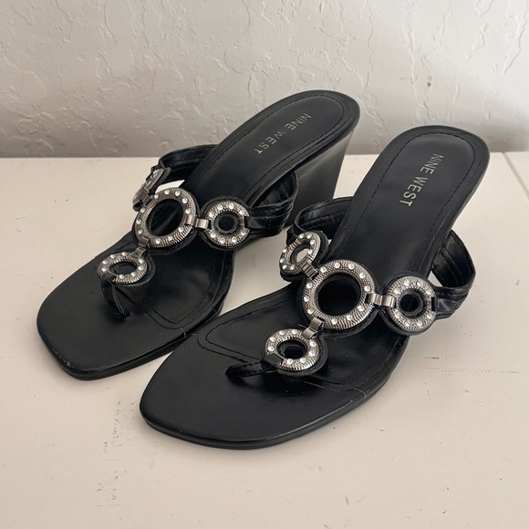 Nine West Shoes - Nine West Rhinestone Medallion Black Wedge Sandals, Women’s 7
